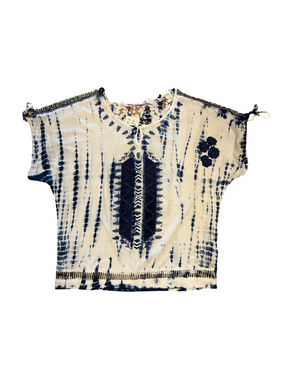NWT Desigual Boho Tie Dye Embroidered Blouse Crochet Detail Blue White